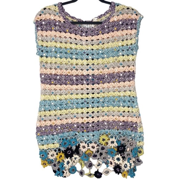 Anthropologie Edie Open Crochet Top Embellished Flower Sleeveless Sweater Knit M - Picture 1 of 10